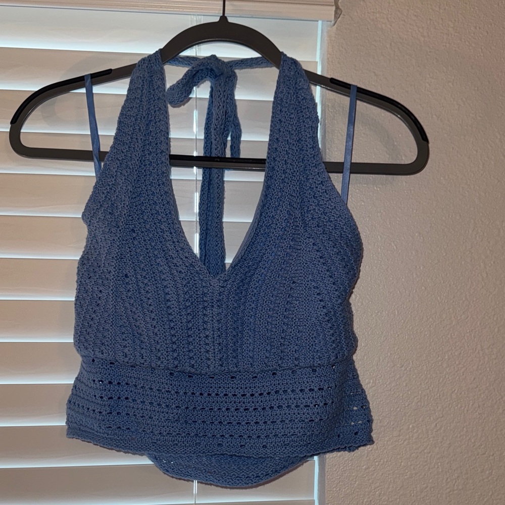 Hollister Crocheted Halter Top in Dusty Blue